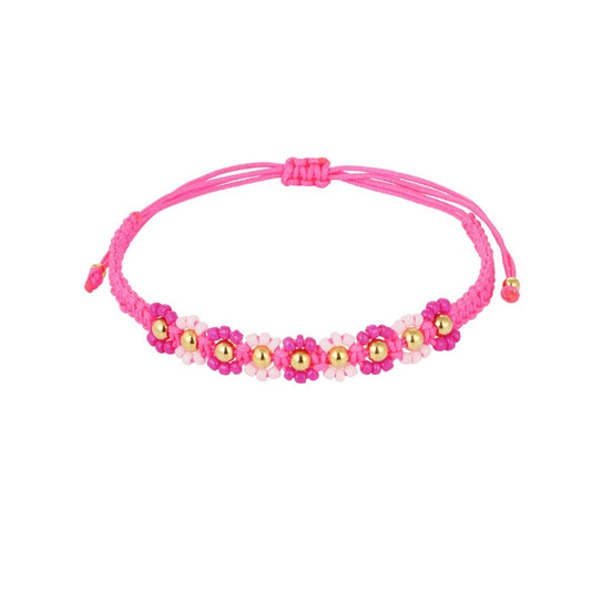 Gevlochten armband met bloemetjes fuchsia