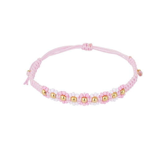 Gevlochten armband met bloemetjes roze